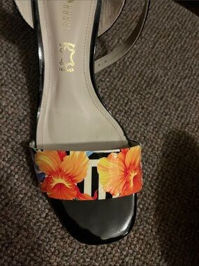 Floral and Black Patent Leather Ankle-Strap Sandals-new without tags